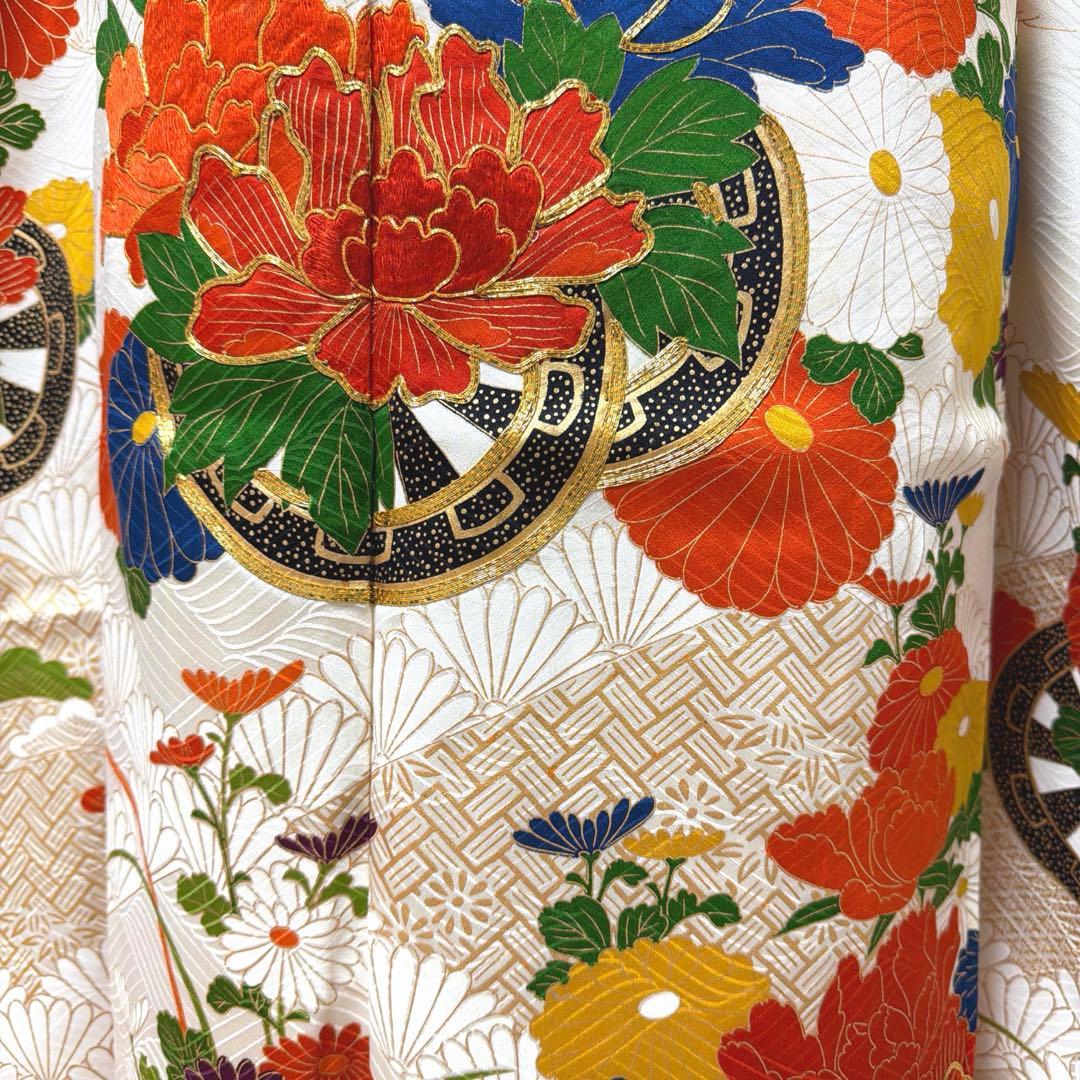 6 振袖フルセット 正絹 オフホワイト 橙 金彩 駒刺繍 刺繍 レトロ 古典