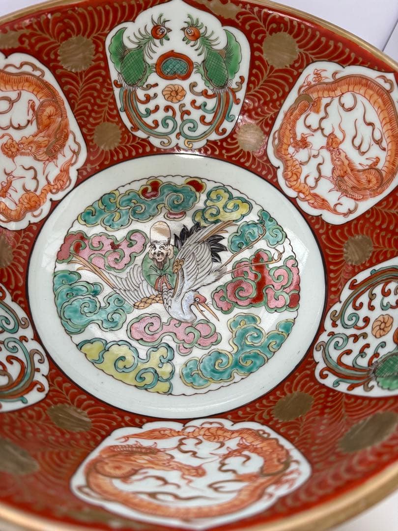 江戸期　古伊万里　金彩色絵　龍鳳文　鶴寿老人30cm 大鉢　送料込み