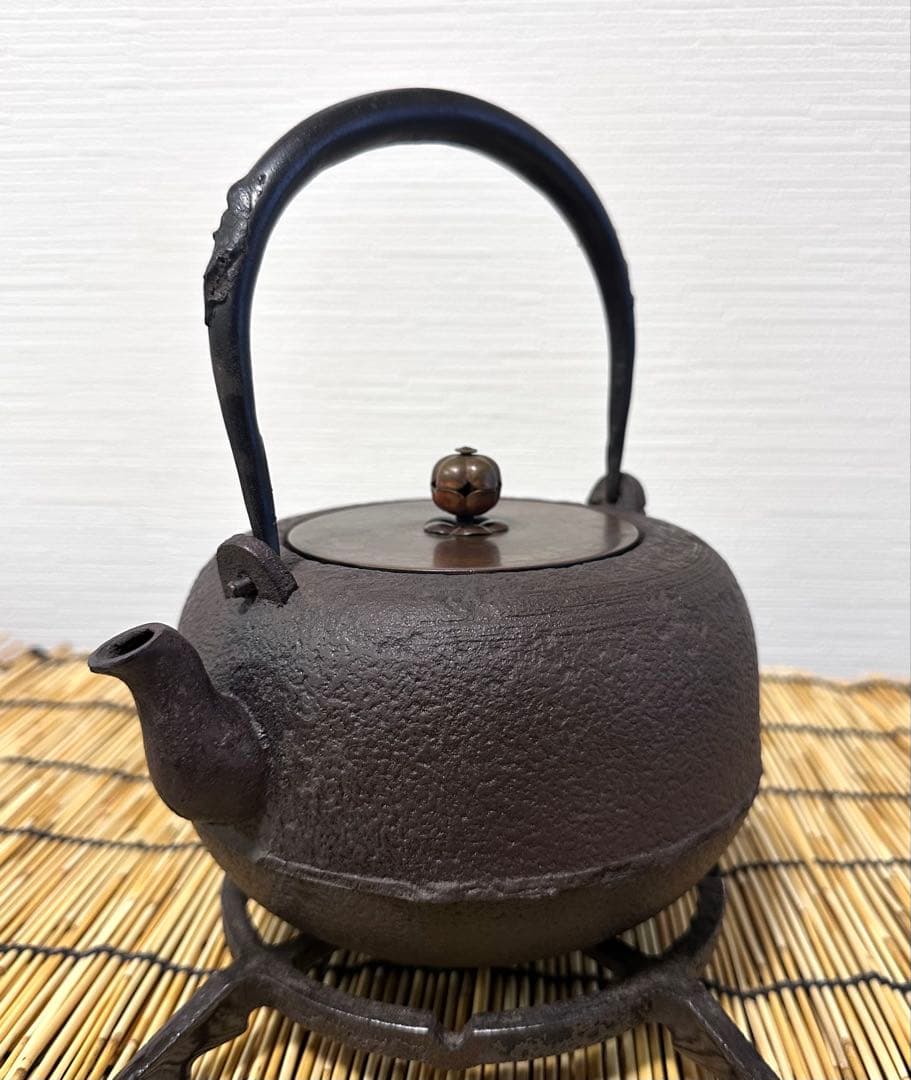 未使用品　山形水沢 釜師造　斑紫銅蓋 袋鉉　南部鉄瓶　南部鉄器　鉄瓶　調理後器具