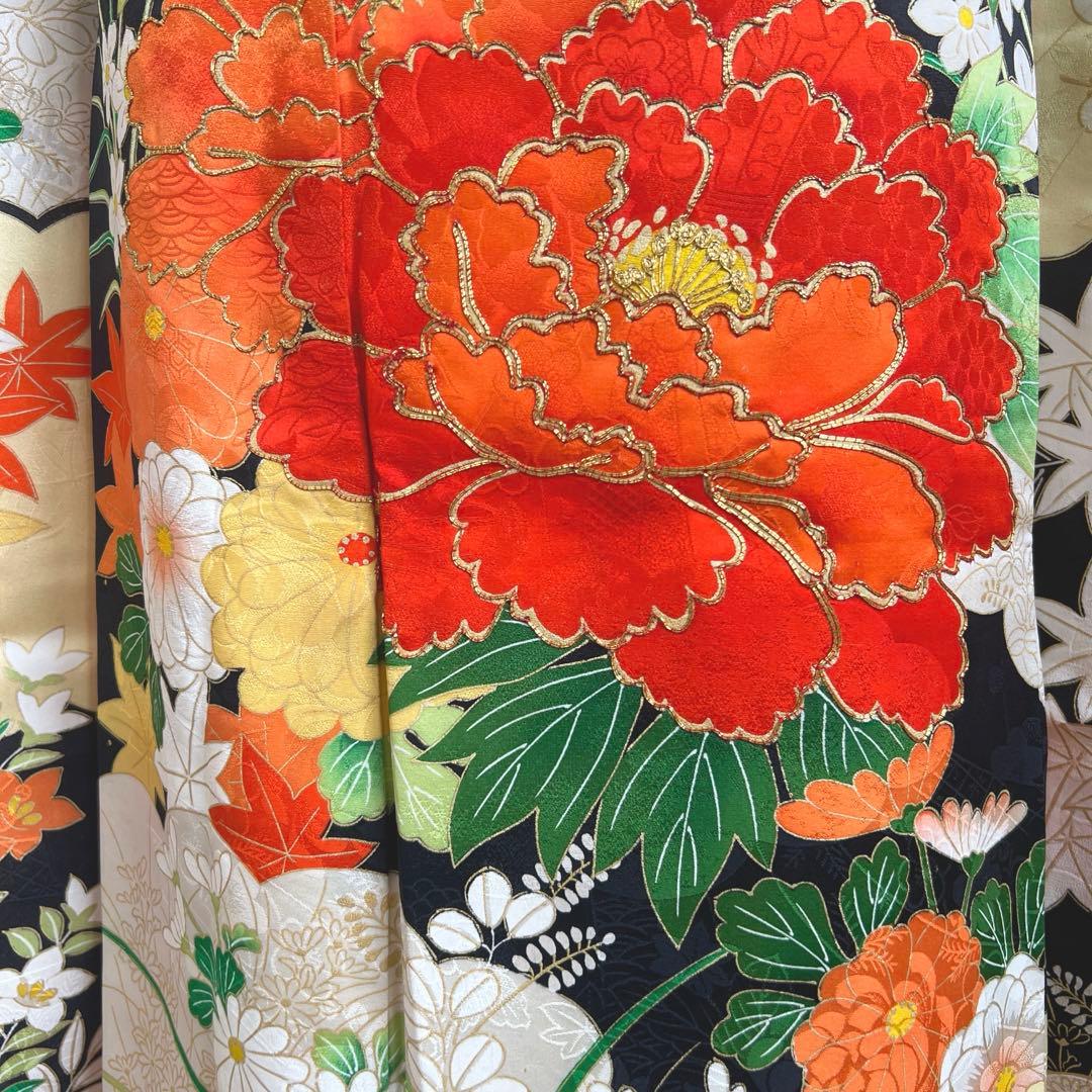 445 振袖フルセット 正絹 クリーム 橙 黒 金彩 駒刺繍 豪華 レトロ 古典