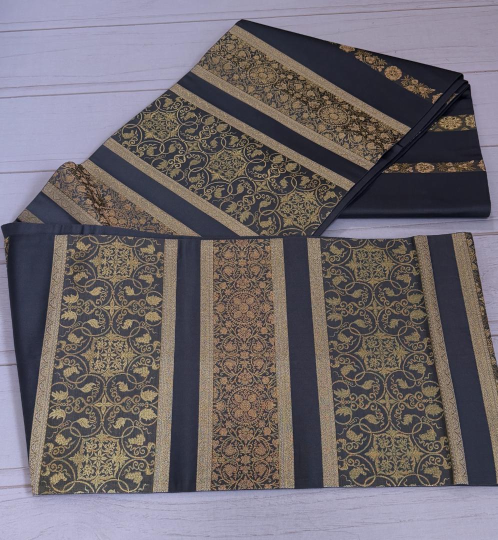 帯３箔清兵衛　草木染　正倉院間道裂織　袋帯　グレー系　未使用品　長さ４３８ｃｍ