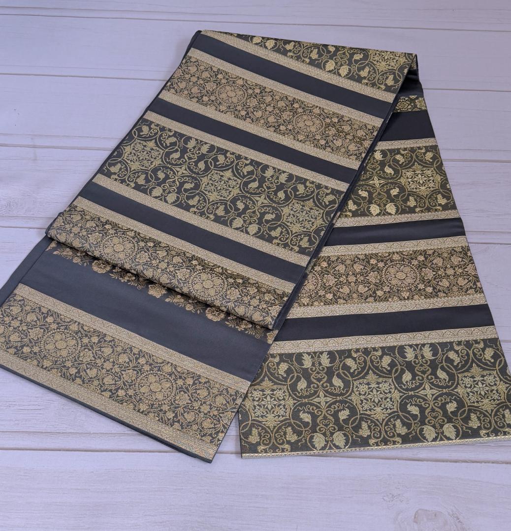 帯３箔清兵衛　草木染　正倉院間道裂織　袋帯　グレー系　未使用品　長さ４３８ｃｍ