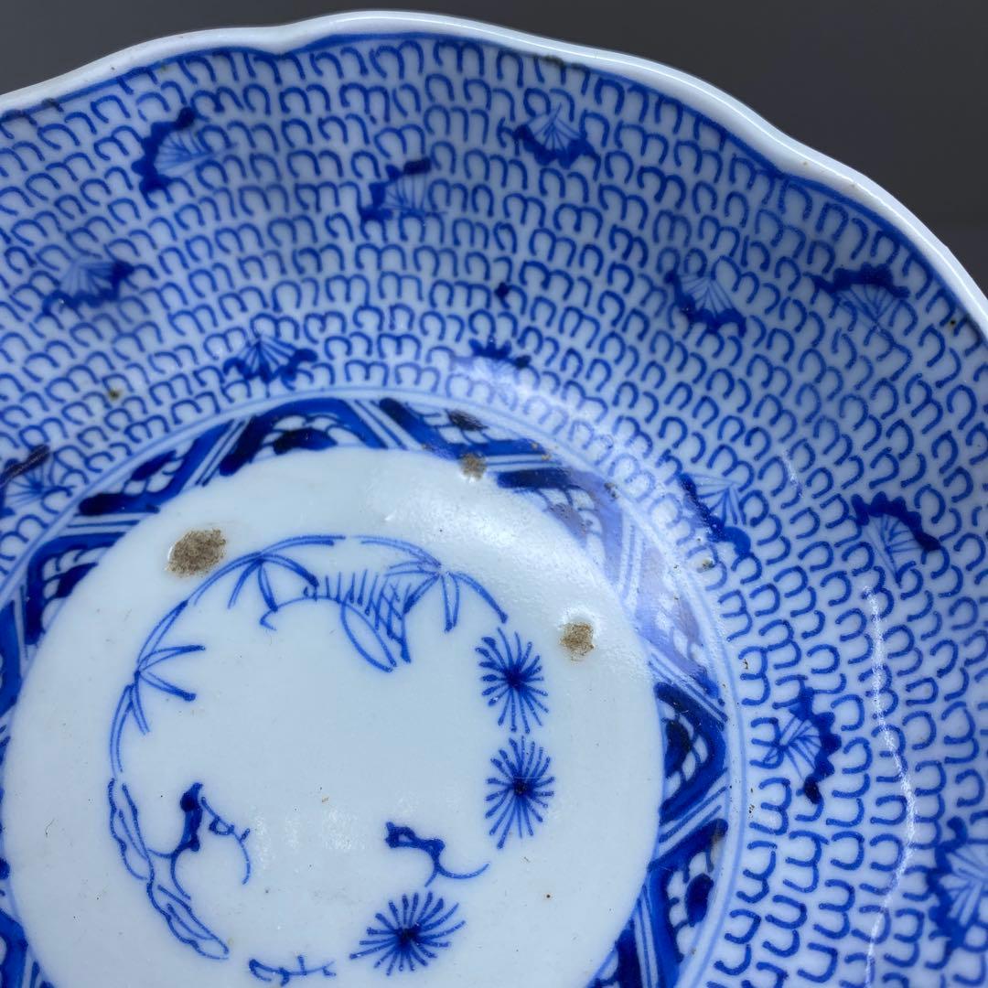 古伊万里　染付みじんこ膾皿16枚　木箱　幅14.8㎝東Y7-0314☆2Fトヒサ