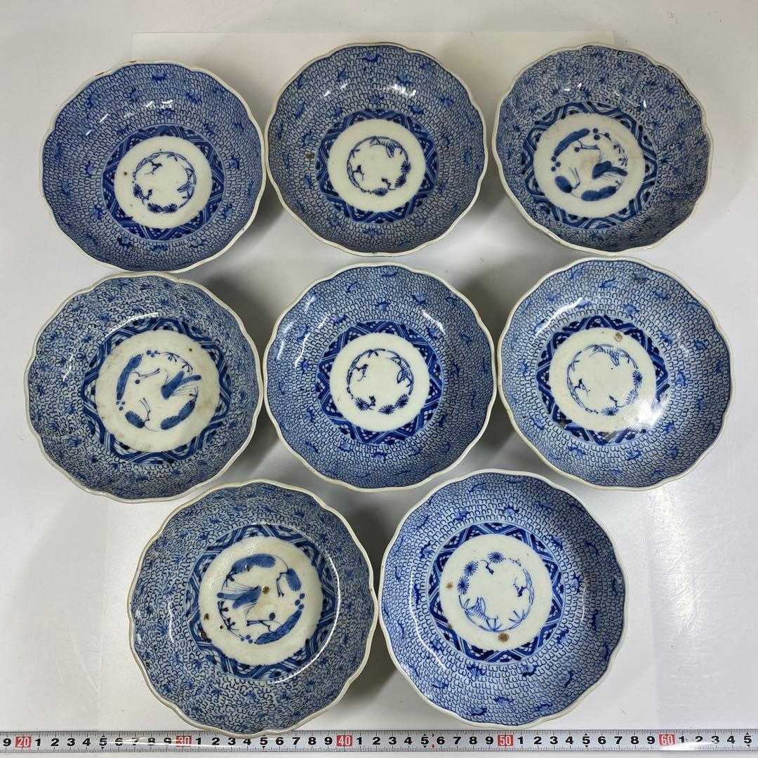 古伊万里　染付みじんこ膾皿16枚　木箱　幅14.8㎝東Y7-0314☆2Fトヒサ