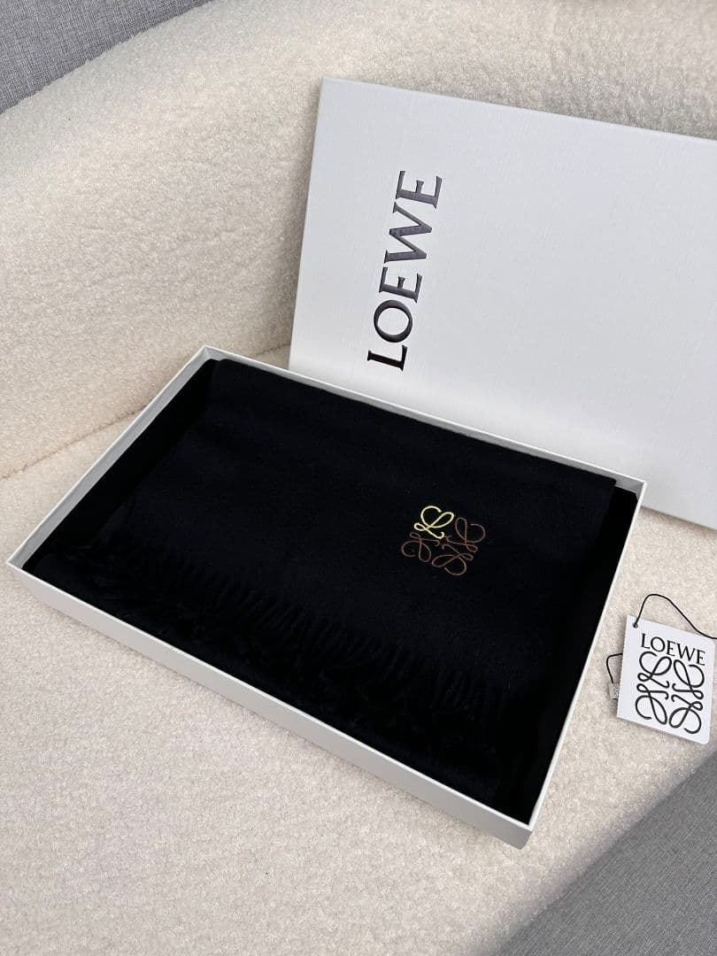 ロエベ マフラー ブラック カシミヤ フリンジ付き 30×180cm