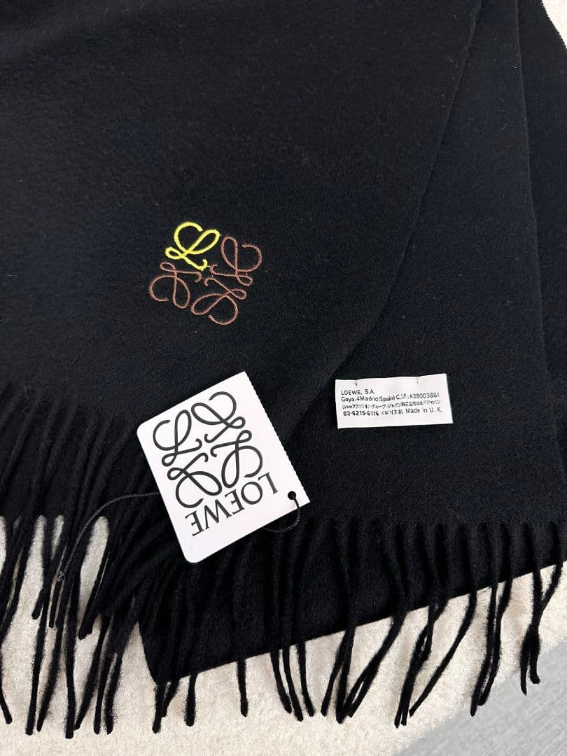 ロエベ マフラー ブラック カシミヤ フリンジ付き 30×180cm