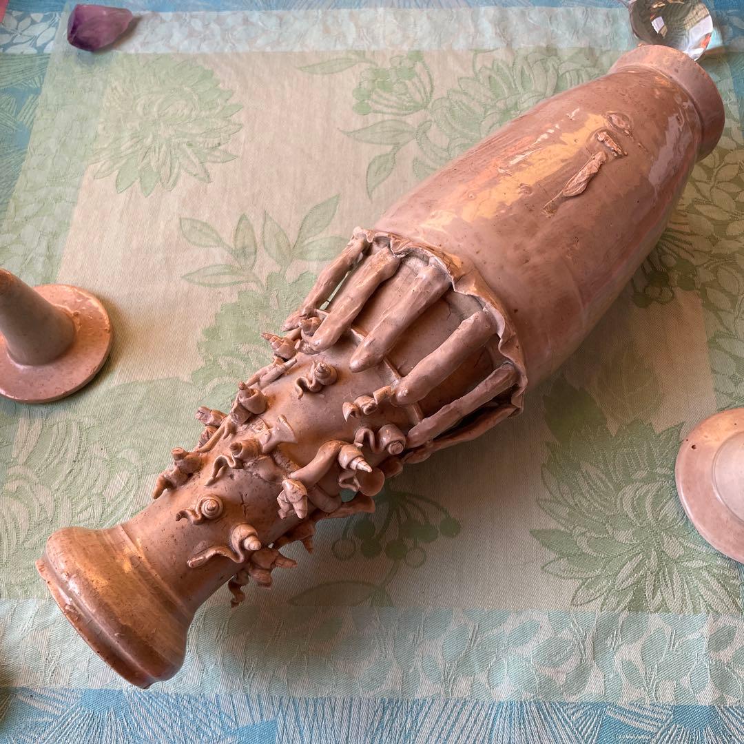 日月壺　蓋付き 白磁　発掘品　中国古阮 陶器の花瓶と鳥型