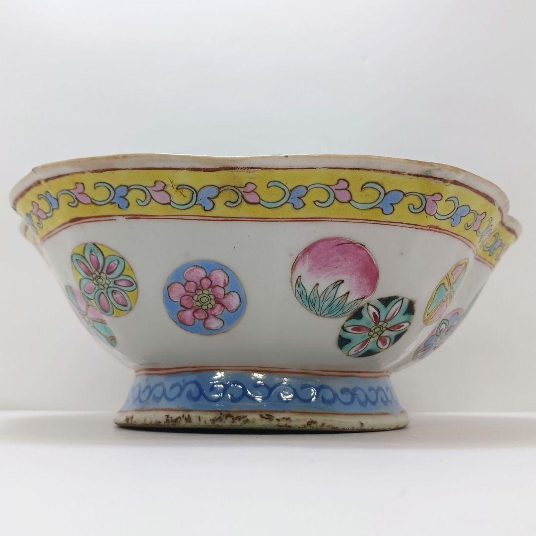 Y2375 中国 手彩 六角粉彩中鉢 在銘印有　く