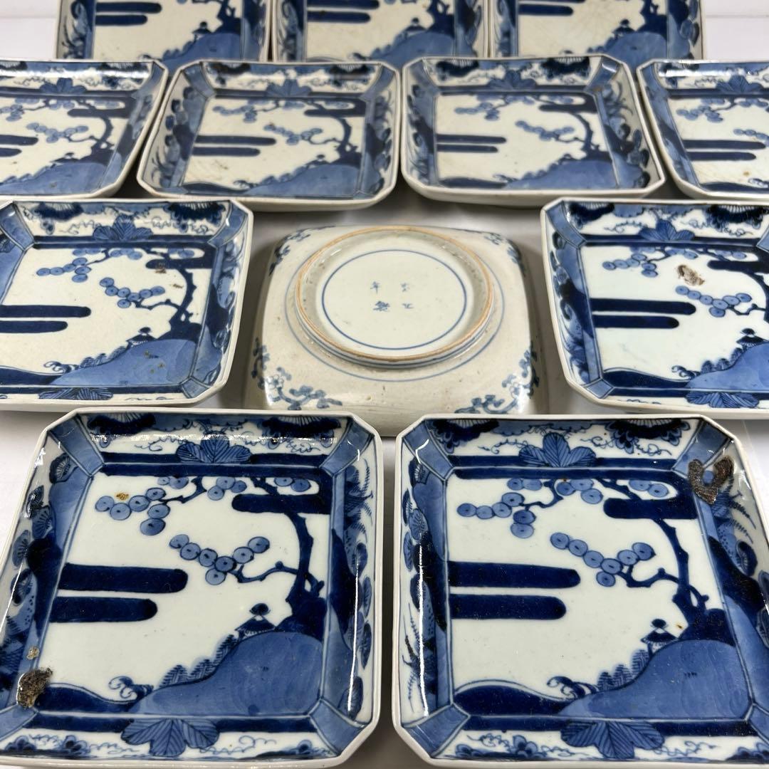 江戸後期　古伊万里　染付角皿12枚　幅約14~14.5㎝　東Y7-0717①