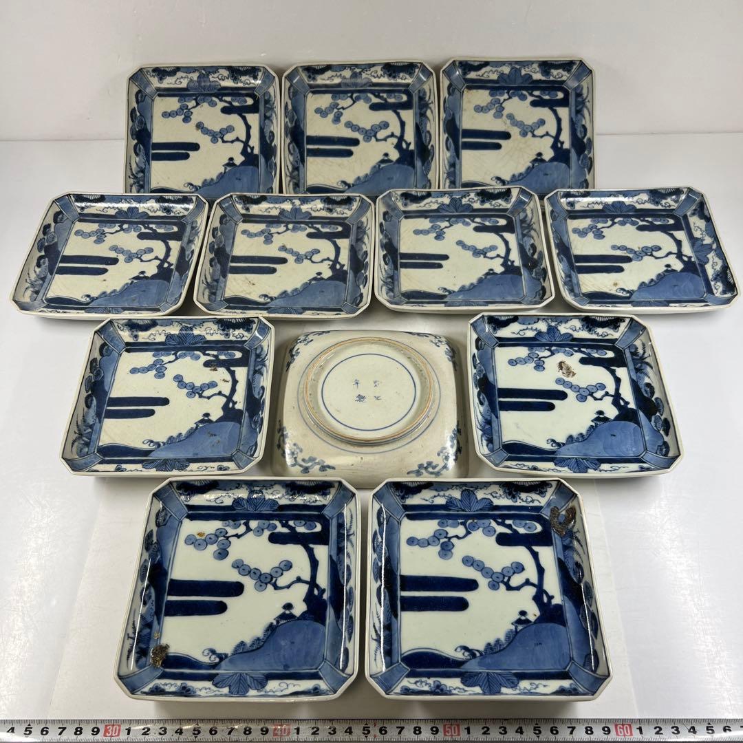 江戸後期　古伊万里　染付角皿12枚　幅約14~14.5㎝　東Y7-0717①