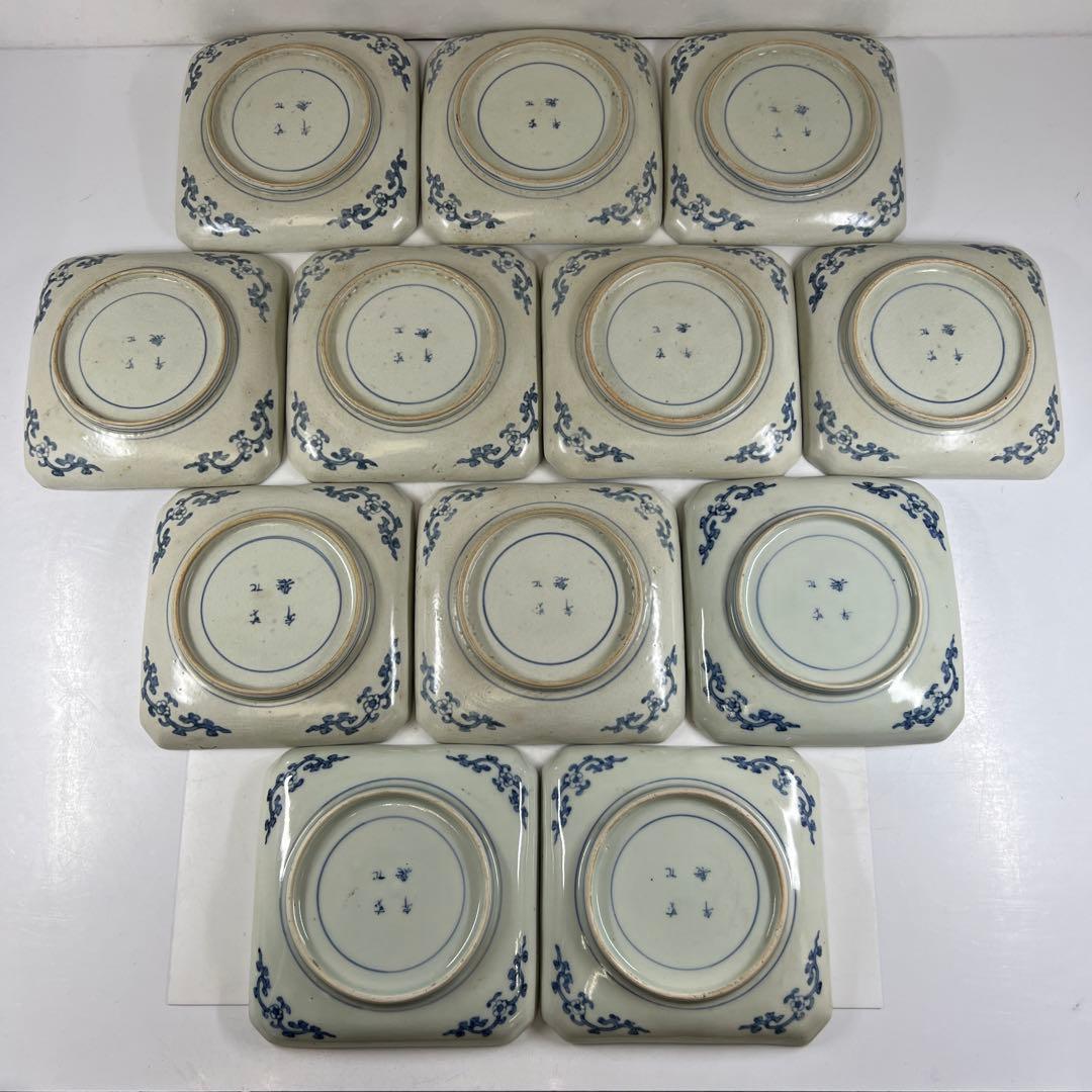 江戸後期　古伊万里　染付角皿12枚　幅約14~14.5㎝　東Y7-0717①