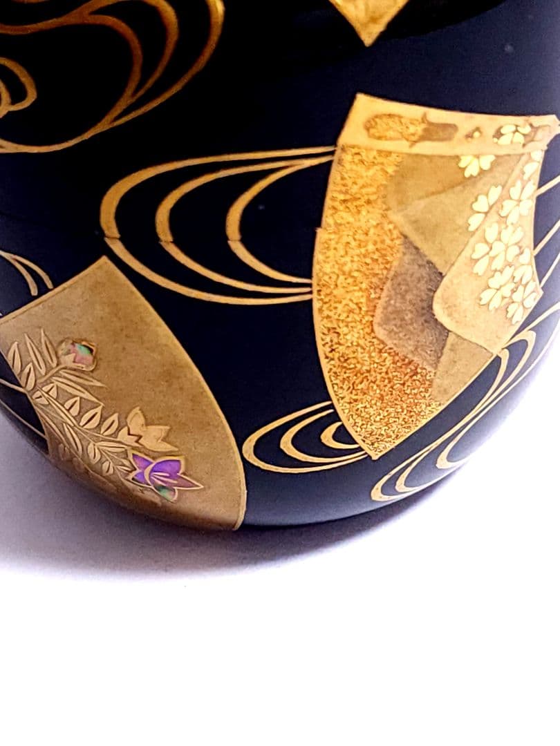 加賀蒔絵 大井好雲斎 扇面流蒔絵 黒大棗 共箱 栞付き 茶道具