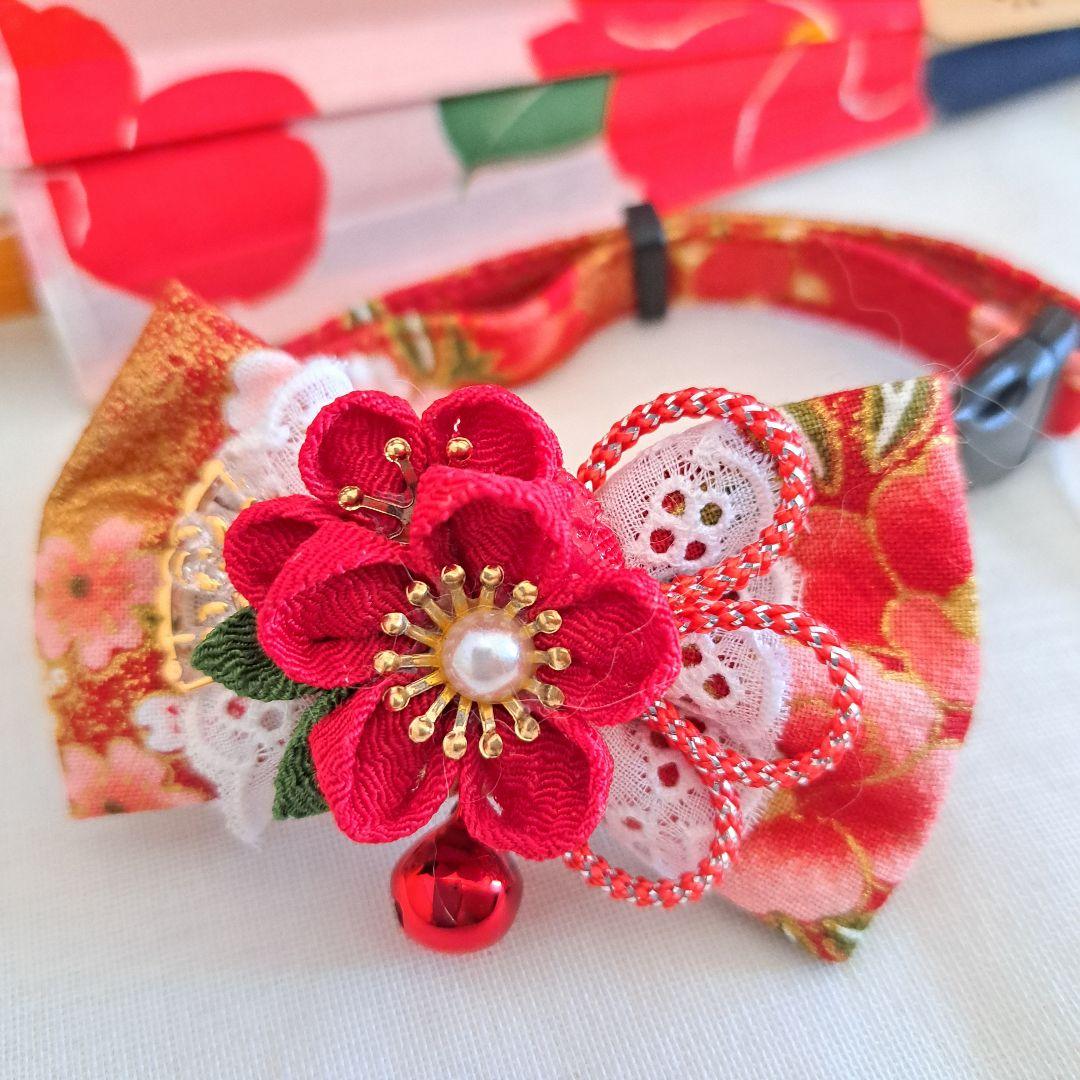 シングルリボン、和風つまみ細工(赤)わんちゃん猫ちゃん用首輪
