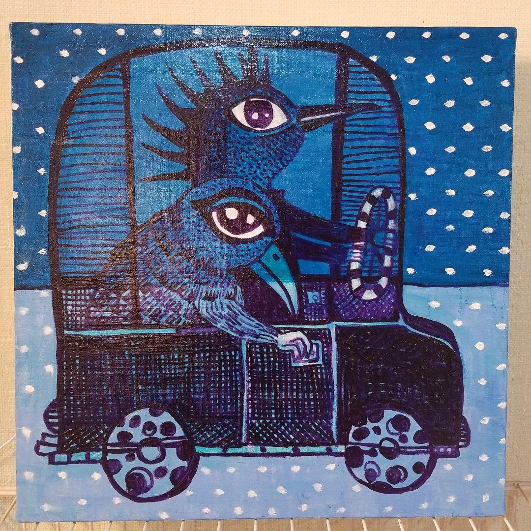 油絵　専用　さっそうと車に乗り込む鳥