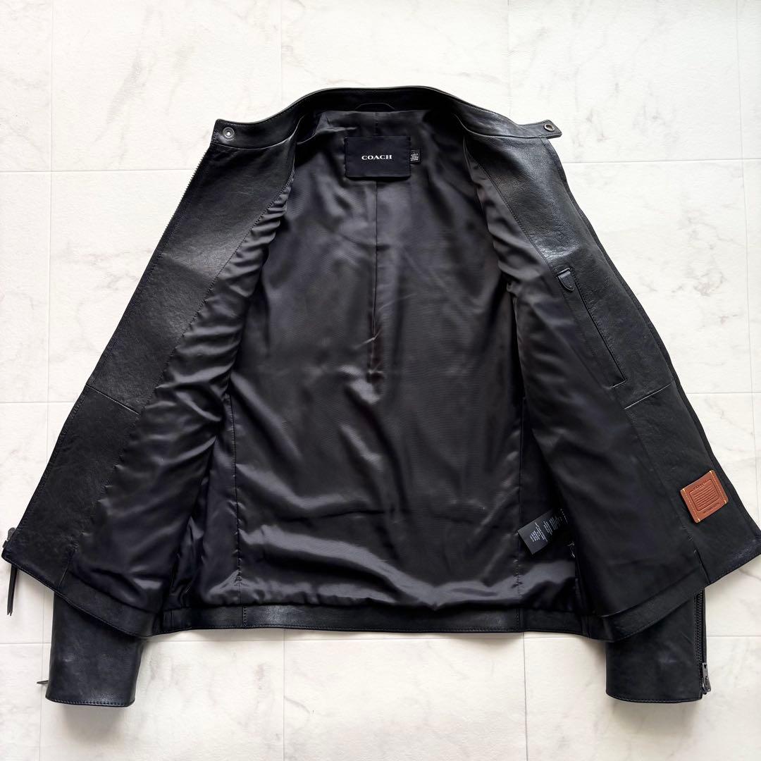 極美品 コーチ 現行 シングルライダースジャケット ラムレザー 黒 US L