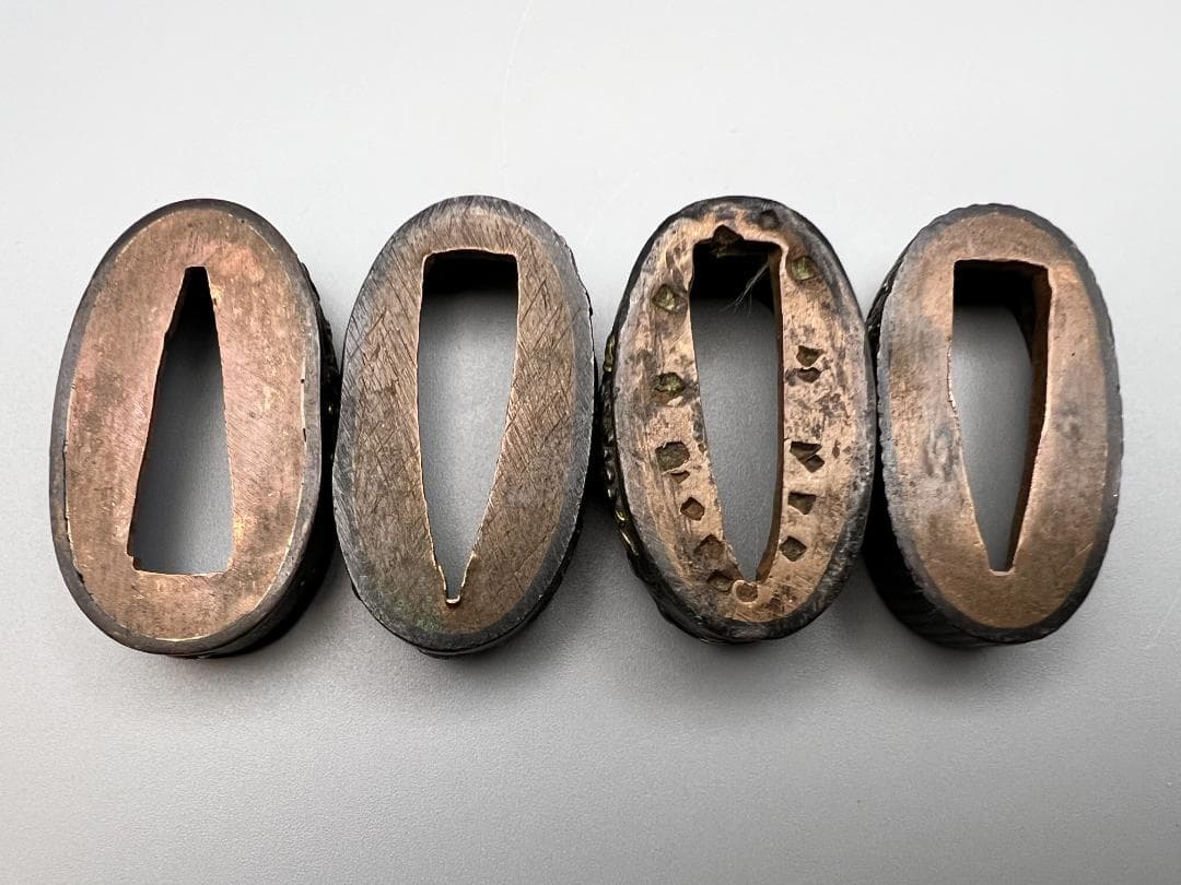 【海】江戸明治期　日本刀装具　花図　梅　松　金象嵌　縁頭　４点　骨董品　美術品