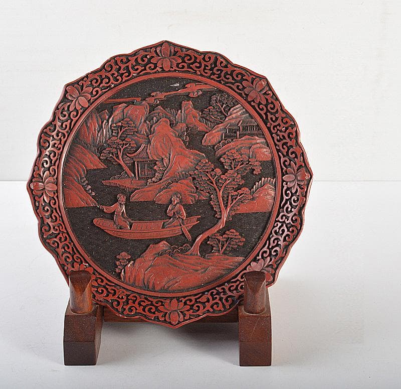 中国　剔紅　堆朱　楼閣山水人物文盤　輪花皿　M　R6804