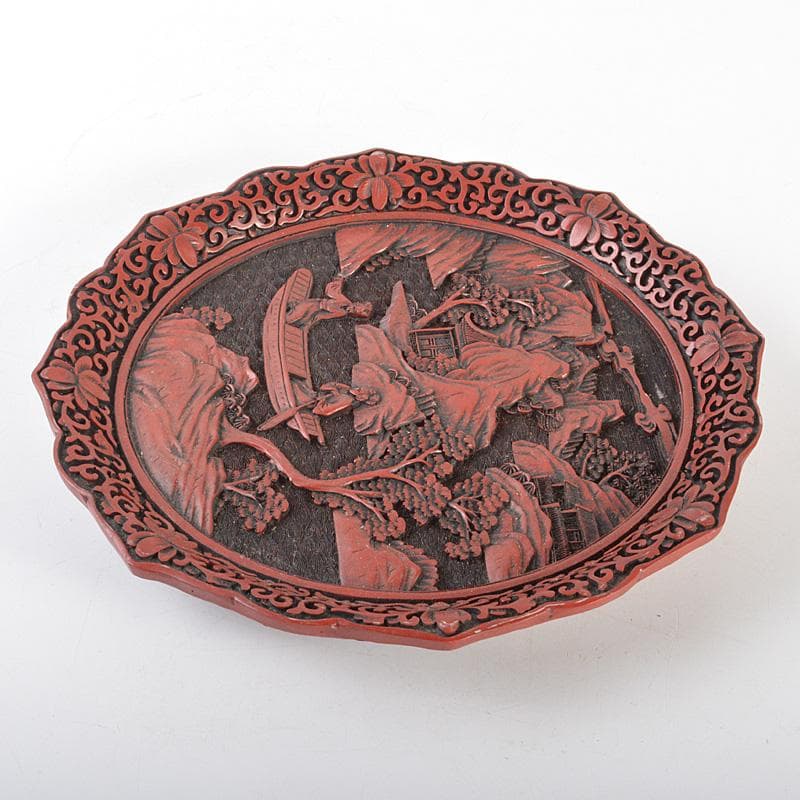 中国　剔紅　堆朱　楼閣山水人物文盤　輪花皿　M　R6804