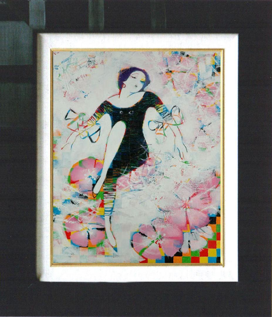 油絵 菅家令子 絵 絵画インテリア額付(青緑＋金色の枠)uF6-010211女性