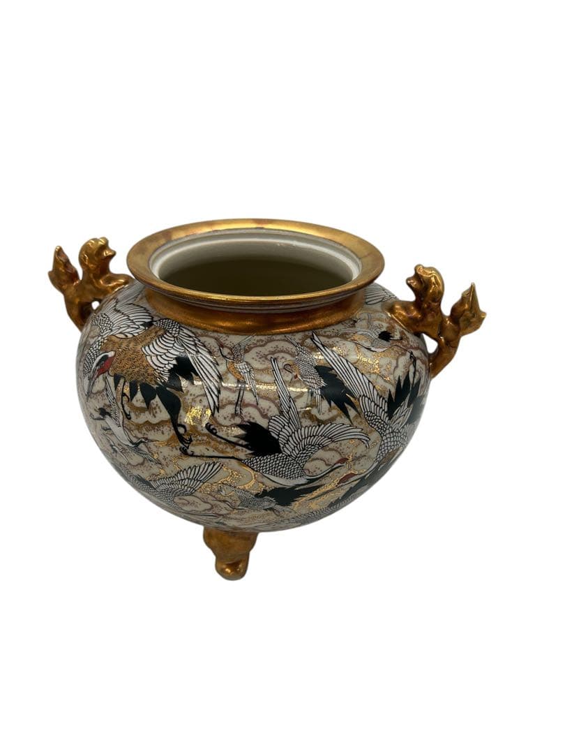 蓋付金襴手細密人物図三足飾壺 薩摩焼 明治時代 色絵 金彩 香炉 骨董品