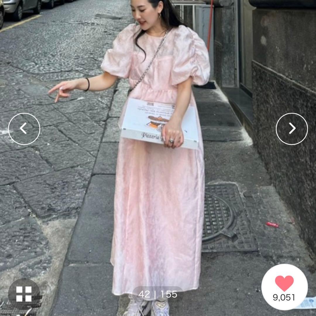 ANDRESD バブルスリーブジャガードドレス ピンク