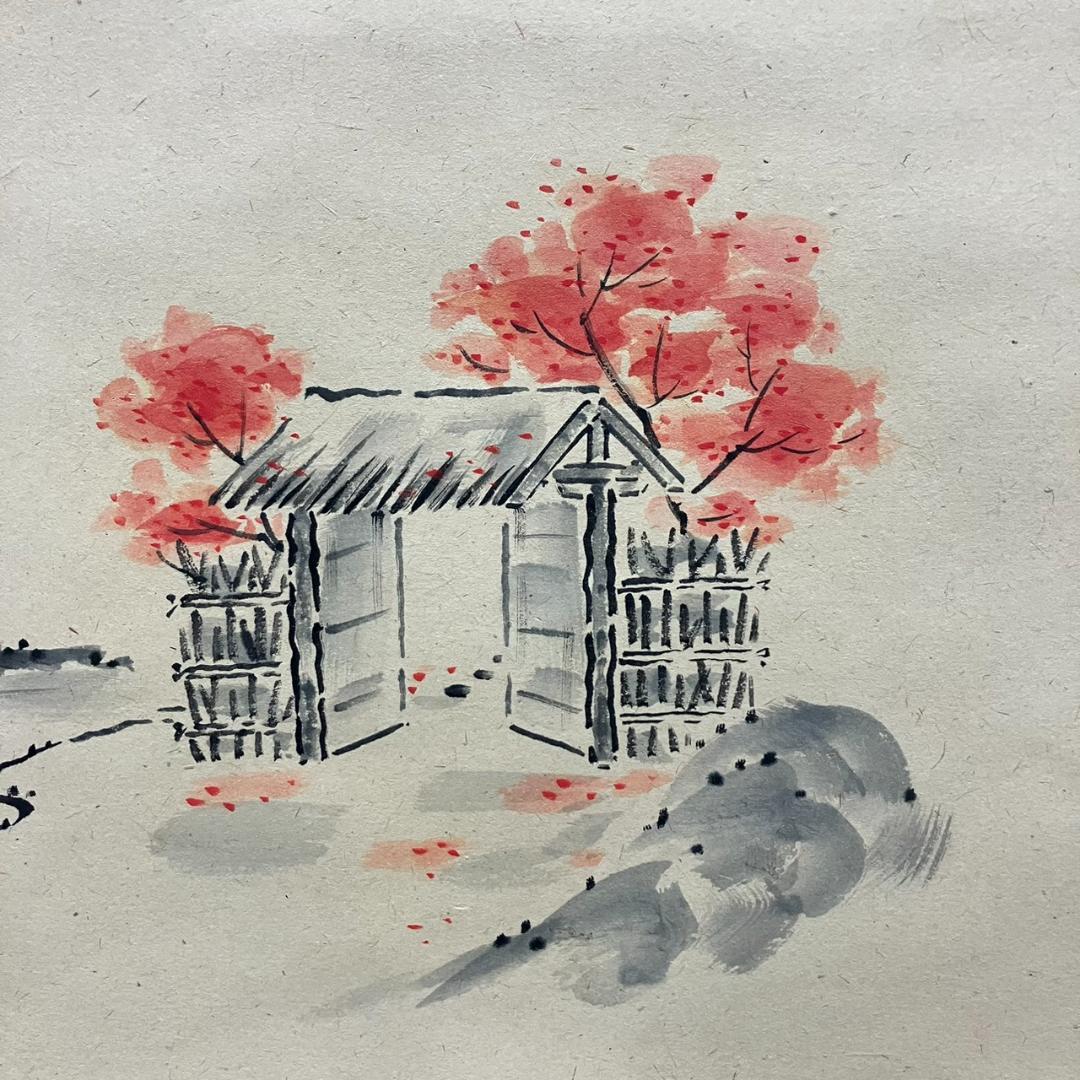 4193 戸上明道 「開門多落葉」 共箱 肉筆 紙本 日本画 掛軸 玉瀧寺