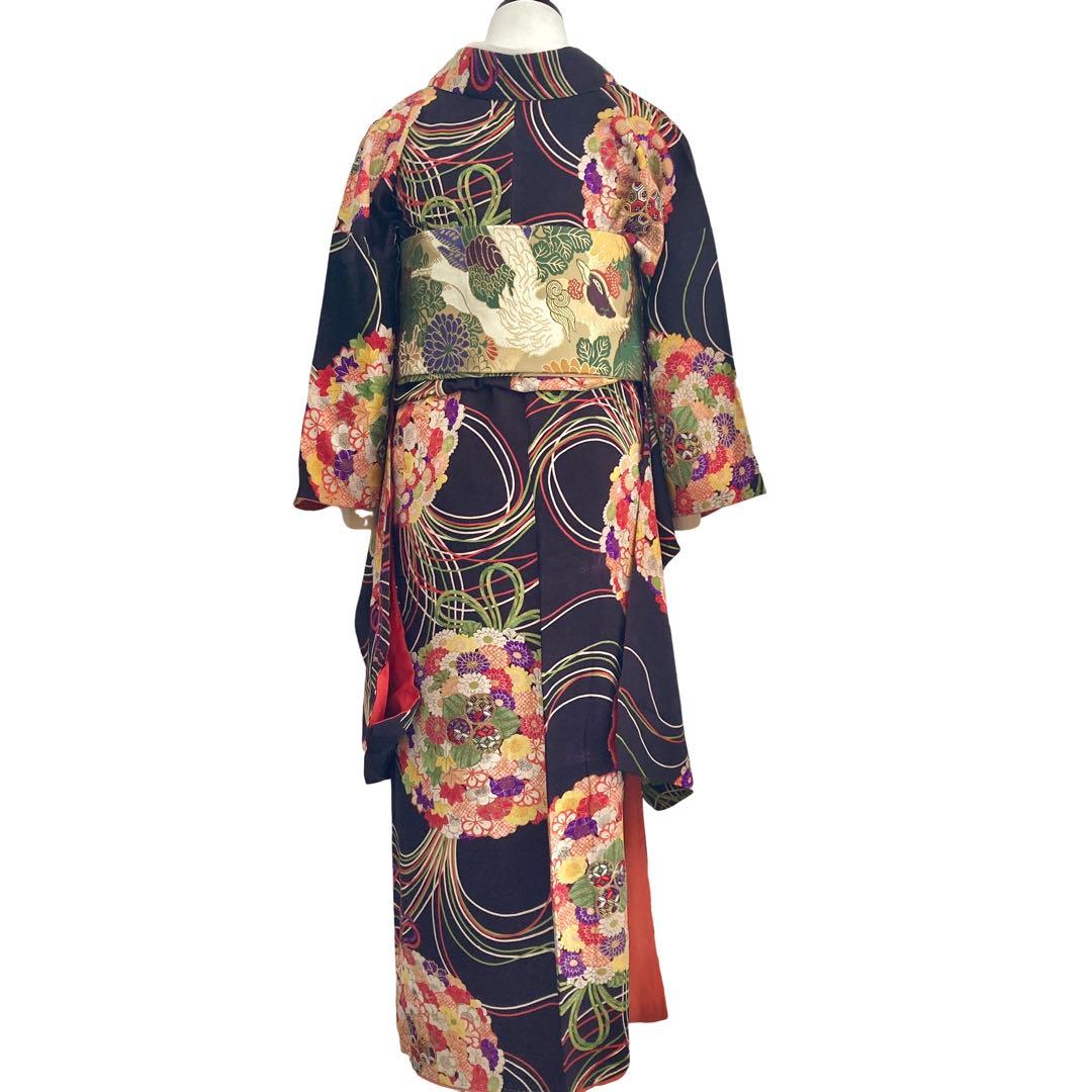 黒紫色 アンティーク 花薬玉 ジュニア 十三詣り アンティーク着物 NO560