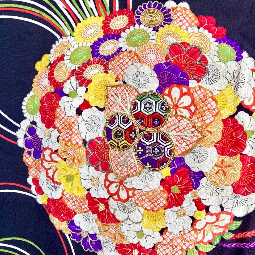 黒紫色 アンティーク 花薬玉 ジュニア 十三詣り アンティーク着物 NO560