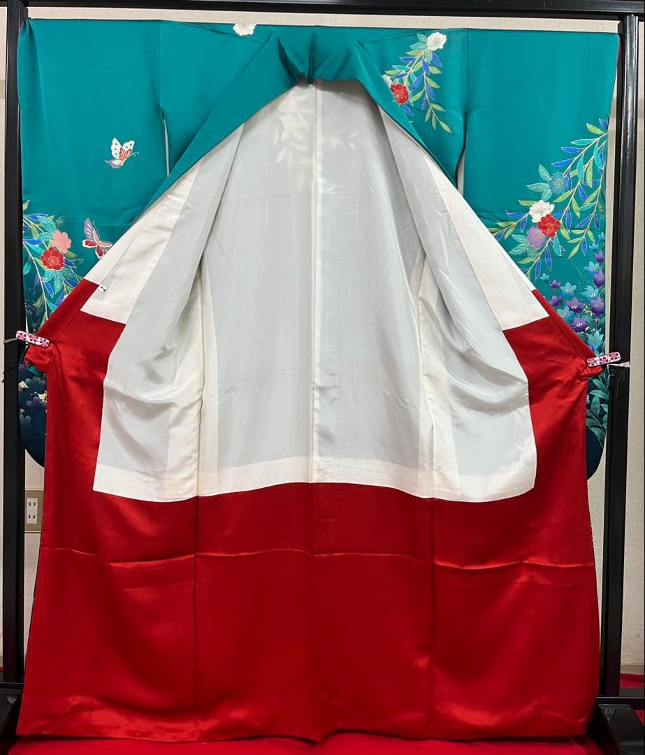 中古　※B品　振袖　仕立て上がり　グリーン　緑　色ヤケあり　B14