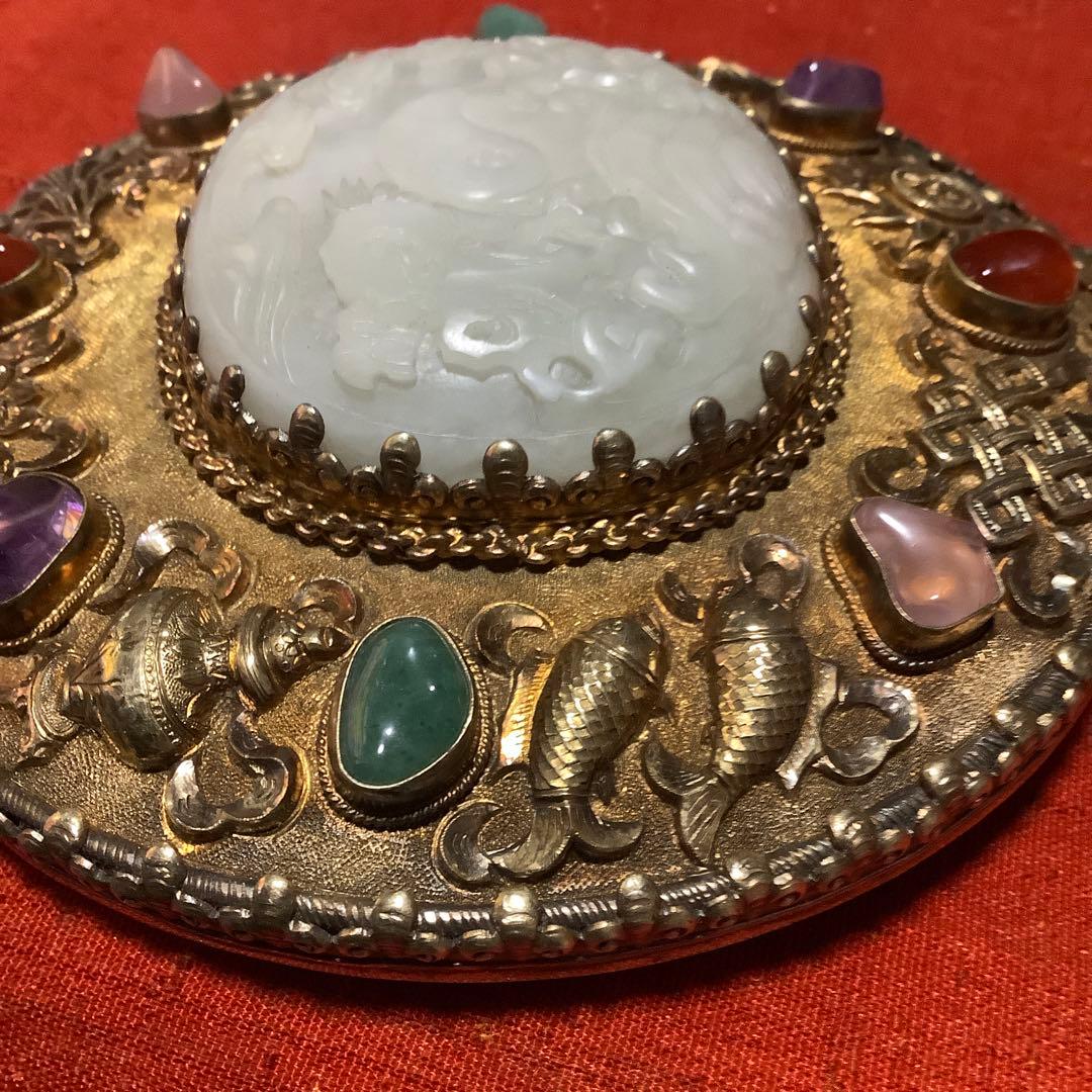 中国工芸品　翡翠彫刻の装飾手鏡(シルバー刻印)