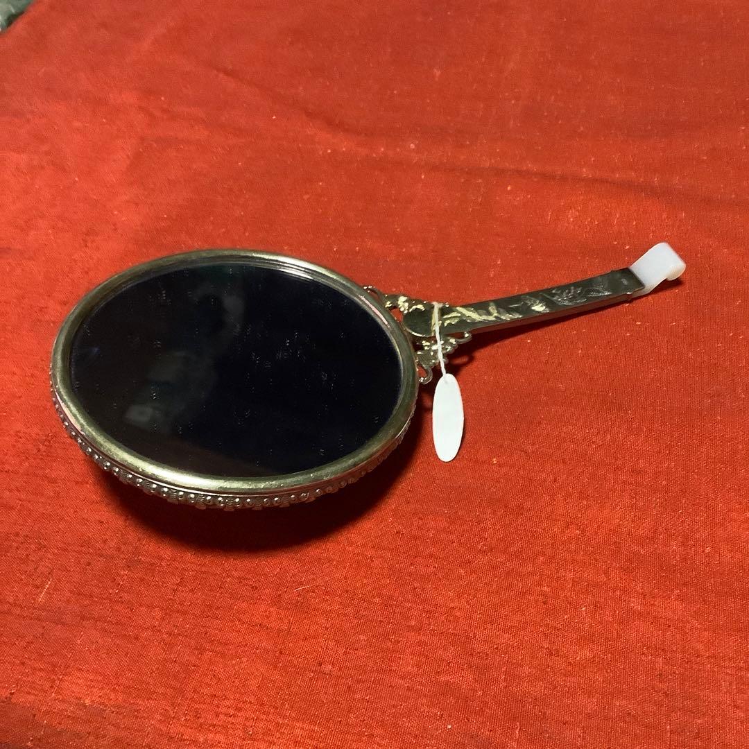 中国工芸品　翡翠彫刻の装飾手鏡(シルバー刻印)