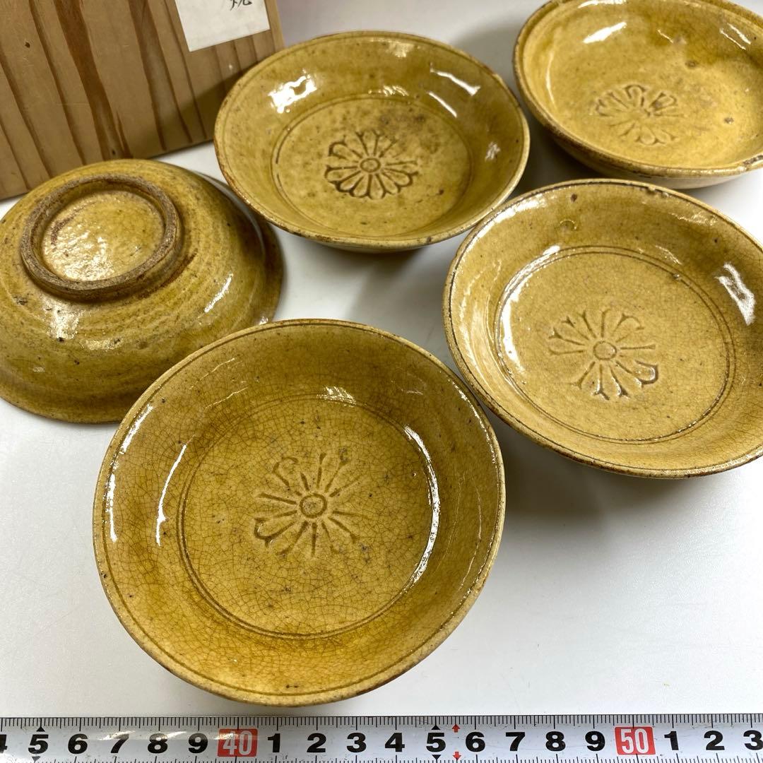 江戸時代　黄瀬戸小皿5枚　木箱付　直径11㎝　東Y7-0328☆2Fタニト