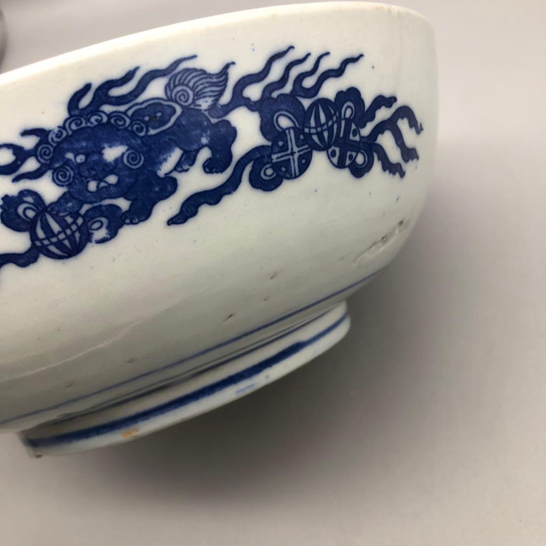 明治時代古伊万里鹿獅子図柄ベロ藍印判手鉢ボウル24cm伊万里焼骨董品