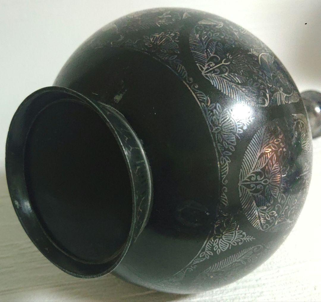 インド　銀象篏　花瓶　置物　草華紋　金属工芸　ミ10