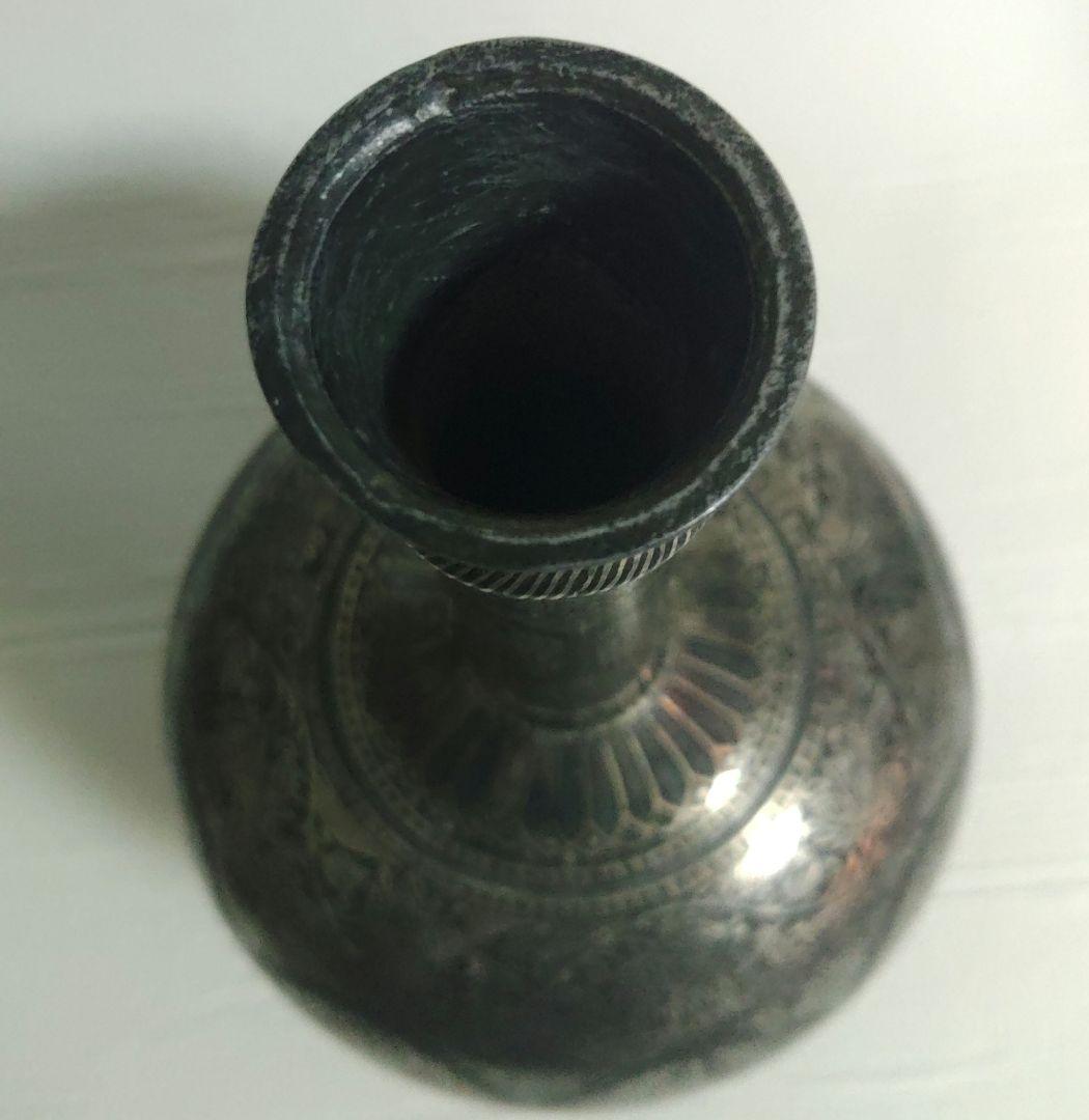 インド　銀象篏　花瓶　置物　草華紋　金属工芸　ミ10