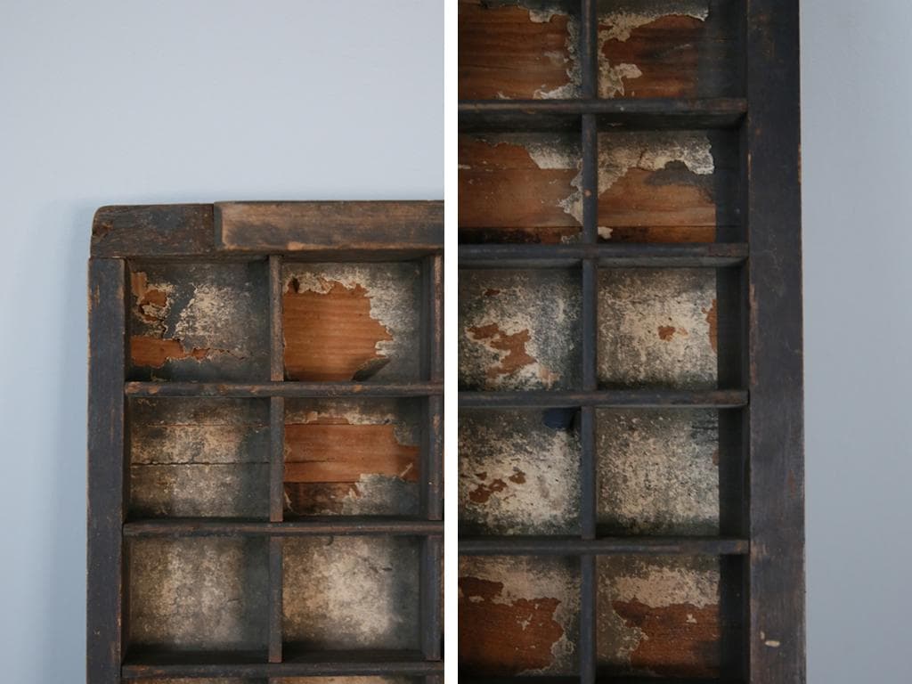 英国アンティーク木製プリンタトレイ/飾り棚/枡ケース/小物入れ(92-46-2)