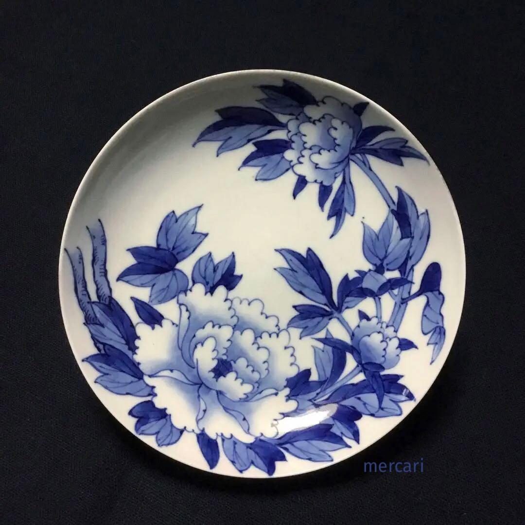 有田焼 鍋島様式 染付芍薬文 七寸高台皿  /骨董/時代物
