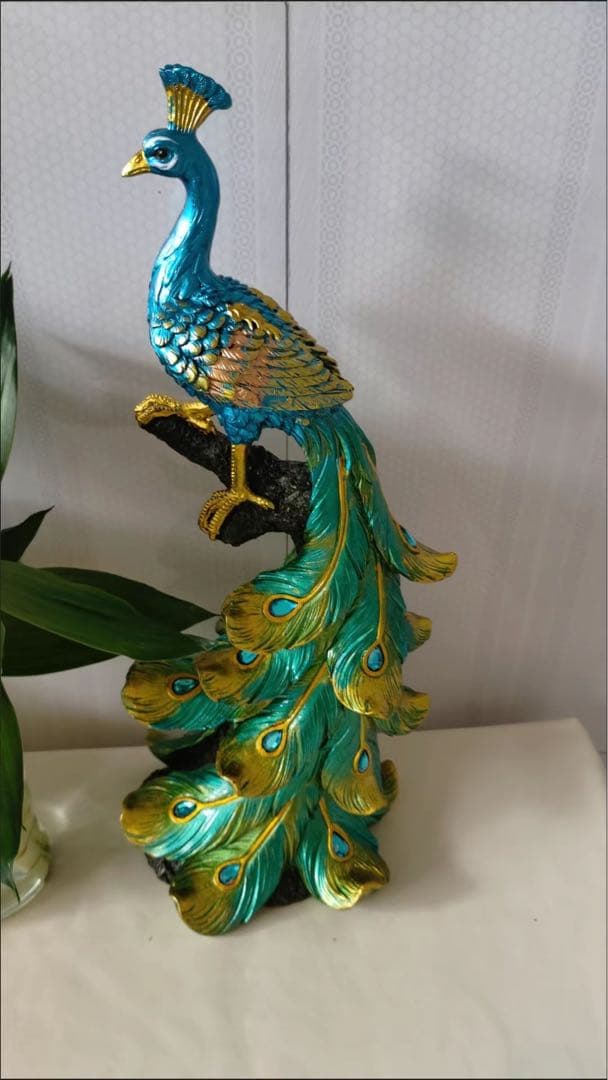 孔雀の置物 青と緑のグラデーション2個セット