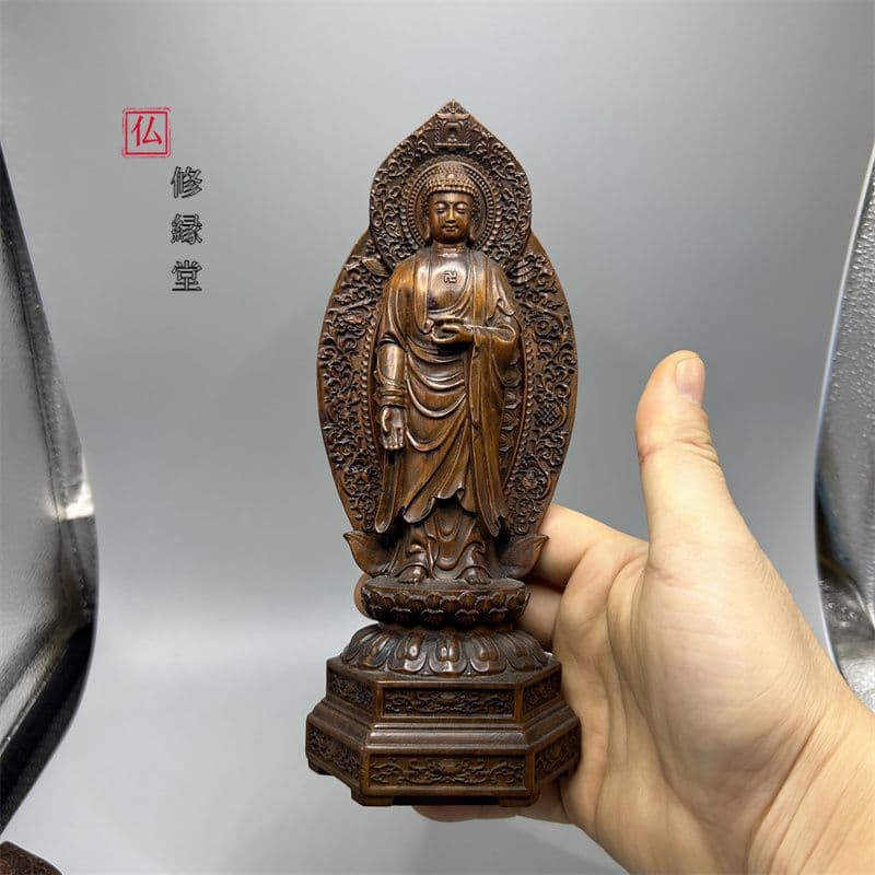 【修縁堂】職人手作り 西方三聖 精彫造像 観音菩薩 阿弥陀如来 勢至菩薩 木彫り