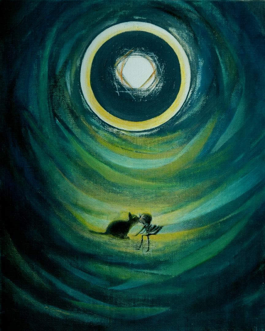 油絵 菅家令子絵 絵画インテリア額付(淡い銀青緑 ) F3-031119猫女の子