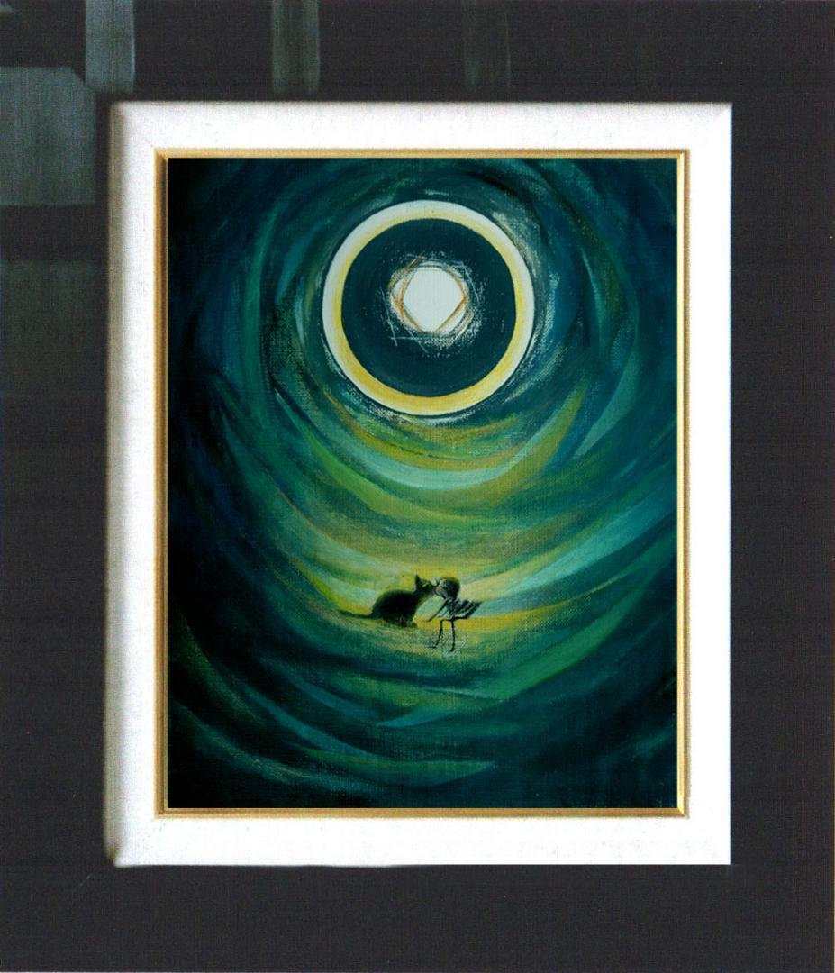 油絵 菅家令子絵 絵画インテリア額付(淡い銀青緑 ) F3-031119猫女の子