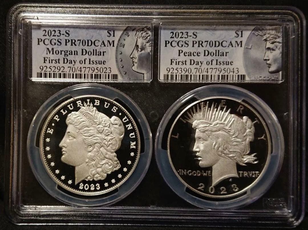 【初日鑑定】純銀　モルガンダラー　ピースダラー 2枚セット PR70 銀貨