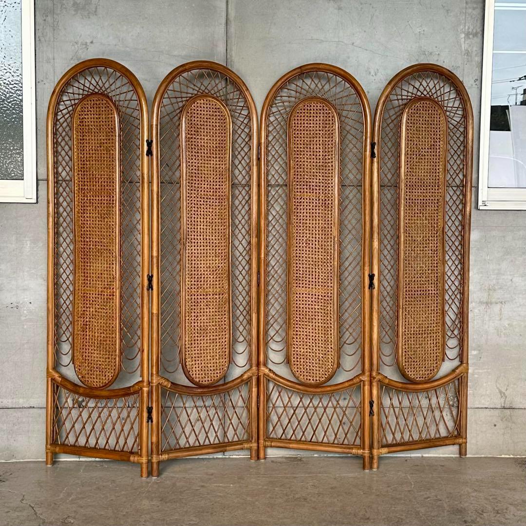 ꧁オールドラタン꧂4連パーティション　間仕切り　藤　アジアン　アンティーク