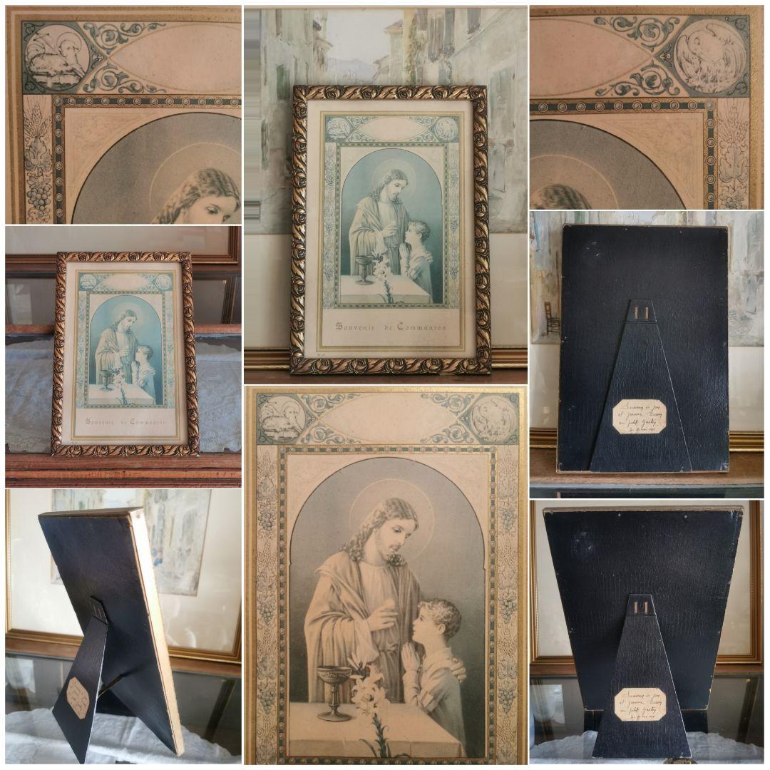 アンティークベルギー キリストと少年 初聖体 天使羊鳥透し絵 ローズ木彫フレーム