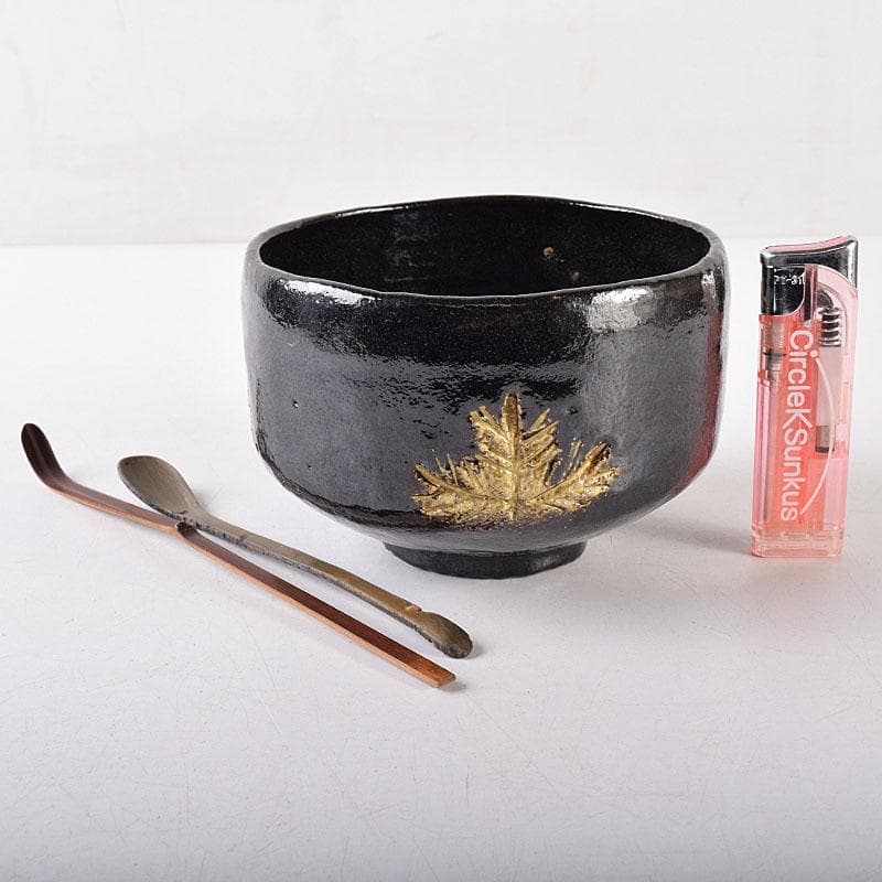 茶道具　若松文　黒楽茶碗　宗室　茶杓　三本　匙　一本　時代箱付　M　R8692B
