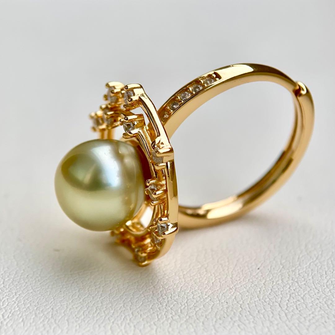 本真珠南洋白蝶真珠　茶金(緑)9.6㍉s925リングY1023