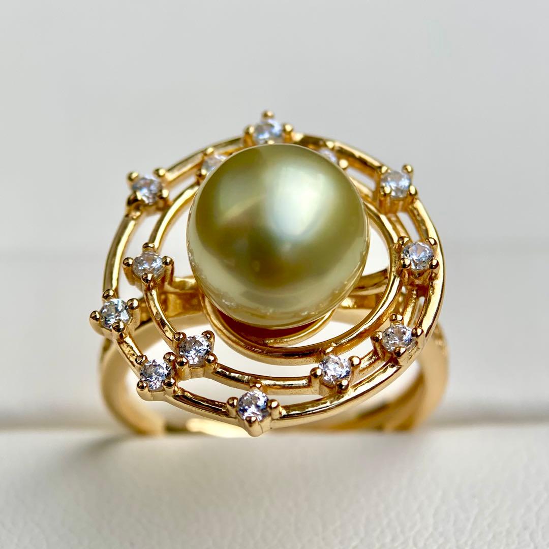 本真珠南洋白蝶真珠　茶金(緑)9.6㍉s925リングY1023