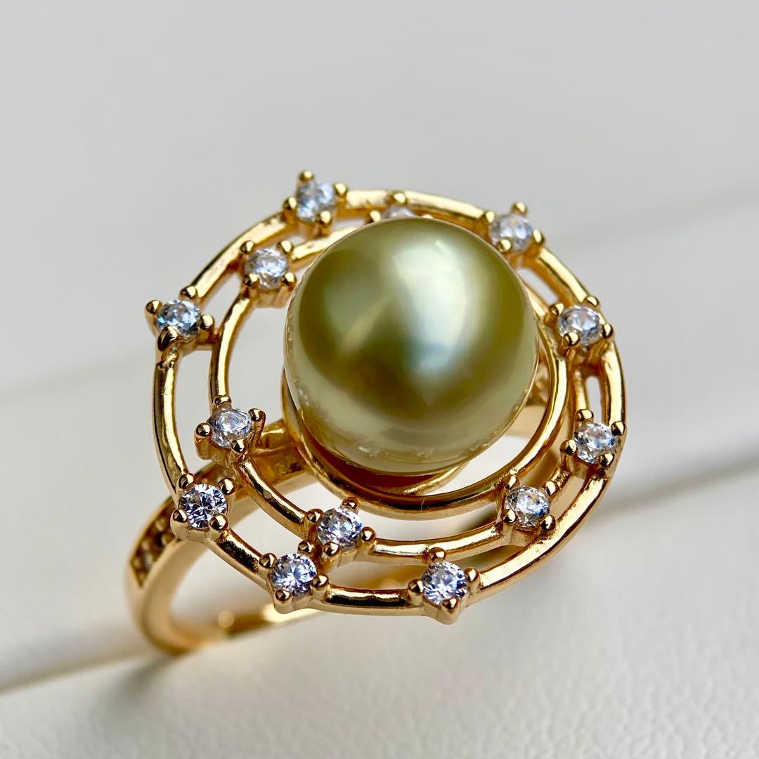 本真珠南洋白蝶真珠　茶金(緑)9.6㍉s925リングY1023