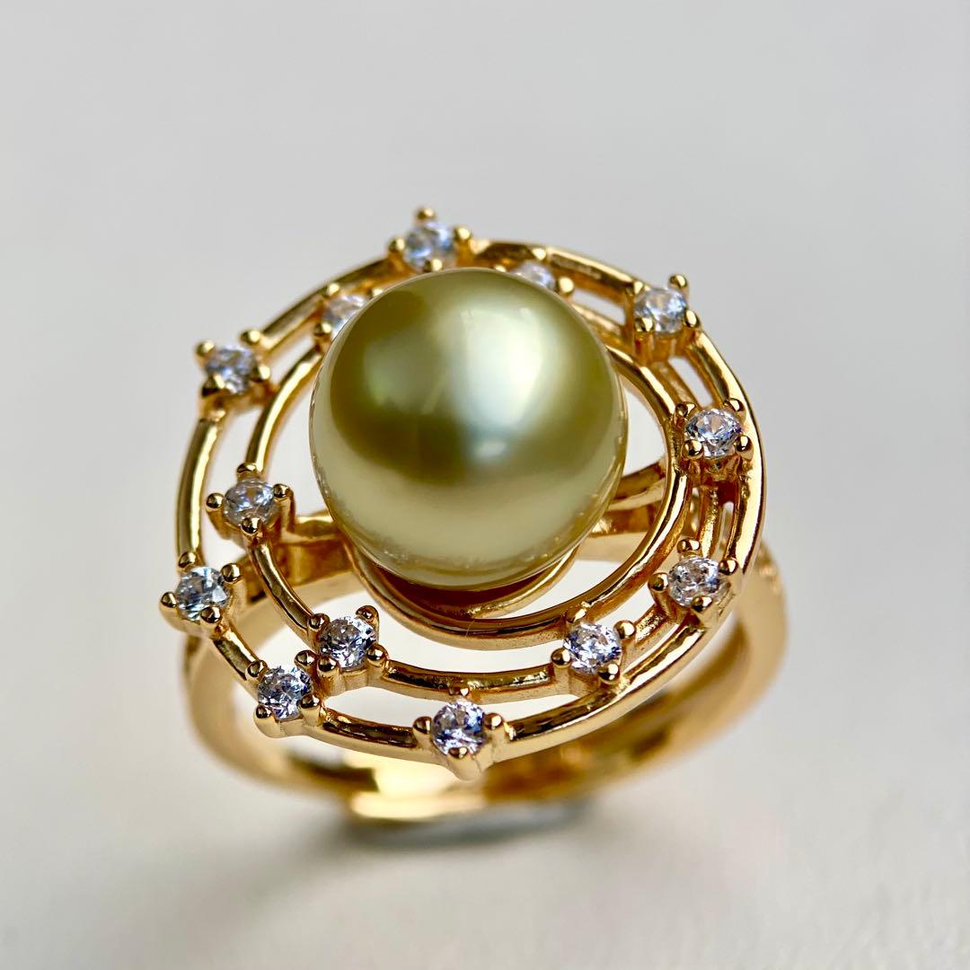 本真珠南洋白蝶真珠　茶金(緑)9.6㍉s925リングY1023