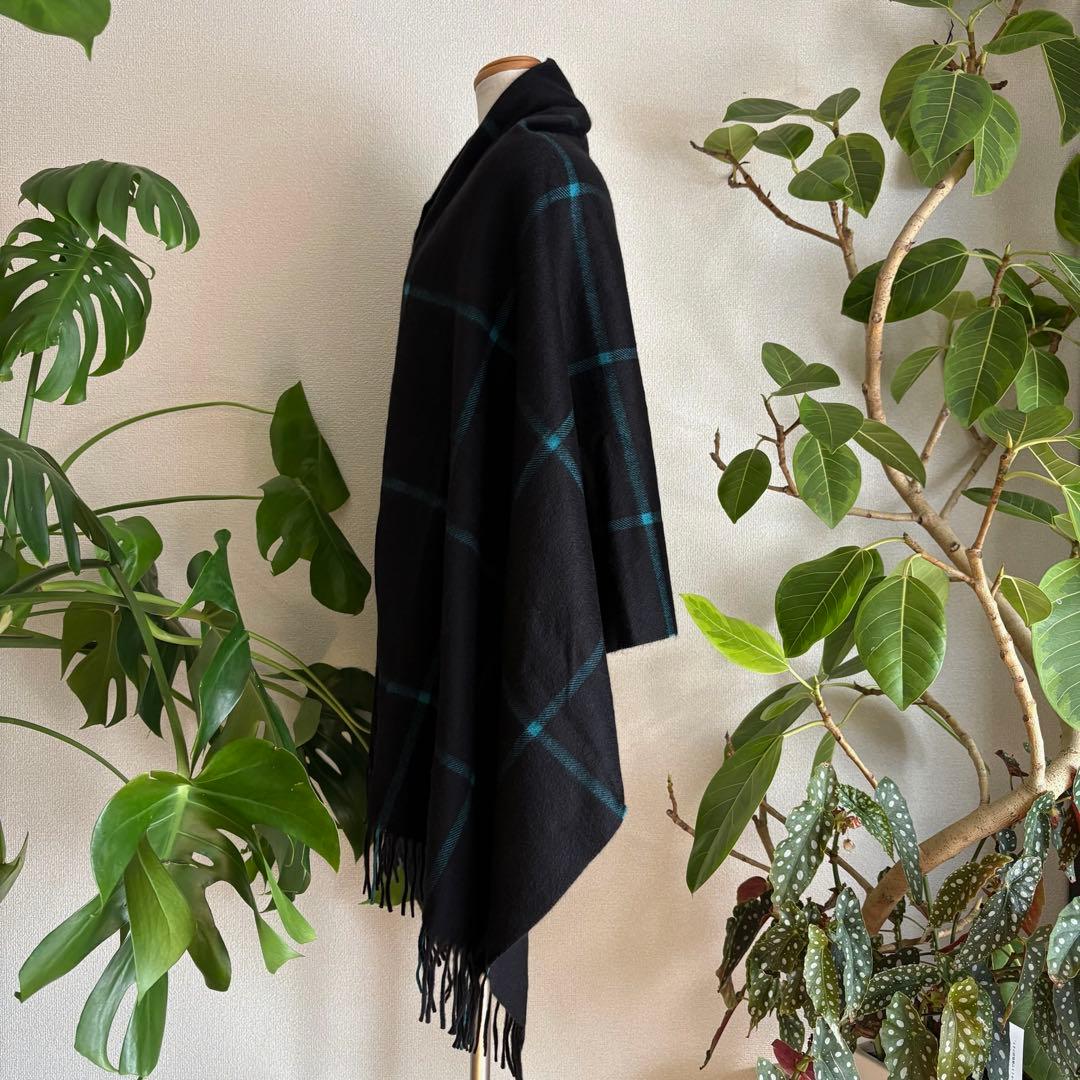 Joshua Ellisカシミヤストールブラック×ターコイズブルーマフラーp53